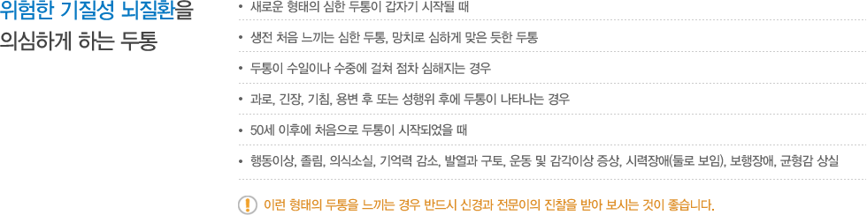 위험한 기질성 뇌질환을 의심하게 하는 두통/ 새로운 형태의 심한 두통이 갑자기 시작될 때,생전 처음 느끼는 심한 두통, 망치로 심하게 맞은 듯한 두통,두통이 수일이나 수중에 걸쳐 점차 심해지는 경우, 과로, 긴장, 기침, 용변 후 또는 성행위 후에 두통이 나타나는 경우, 50세 이후에 처음으로 두통이 시작되었을 때,행동이상, 졸림, 의식소실, 기억력 감소, 발열과 구토, 운동 및 감각이상 증상, 시력장애(둘로 보임), 보행장애, 균형감 상실/이런 형태의 두통을 느끼는 경우 반드시 신경과 전문이의 진찰을 받아 보시는 것이 좋습니다. 