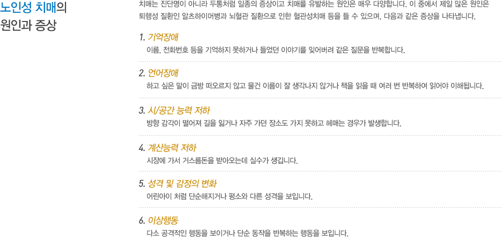 노인성 치매의 원인과 증상 : 원인은 정확히 밝혀지지 않았지만 치매를 일으키는 대표적인 질환들은 알츠하이머병, 혈관성 치매, 야곱 병, 후천성 면역결핍증, 헌팅톤 무도병, 알코올성 치매, 외상 후 치매 등을 들 수 있으며, 다음과 같은 증상을 나타냅니다. 자주 되풀이해서 물어보고, 평소에 아주 익숙해 있던 일도 잘하지 못합니다. 말할 때 적절하지 않은 단어를 사용하거나 의사전달이 잘 되지 않습니다. 시간과 장소의 감각이 없어지고, 판단력이 떨어집니다. 숫자가 무엇을 뜻하는 것인지 잘 모릅니다. 물건을 어디다 두었는지 모르고 엉뚱한 곳을 찾습니다.
기분과 행동이 짧은 사이에 순간적으로 변합니다. 성격이 급변하고 흥분과 의심, 두려움 등의 감정을 반복적으로 나타냅니다. 