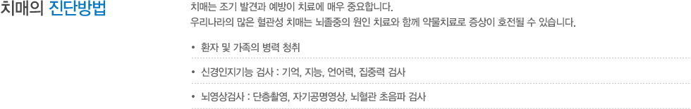 치매의 진단방법 : 환자 및 가족의 병력 청취, 기본적 검사, 신경인지기능검사로서 ‘기억, 지능, 언어력 검사, 집중력 검사’ 뇌영상검사로 전산화 단층촬영, 자기공명영상, 양전자방출 단층촬영 및 단일광자 전산화, 단층촬영 검사