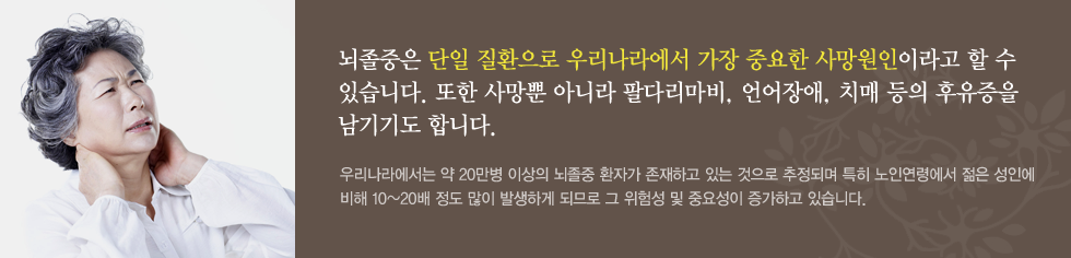 뇌졸증은 치명적일 수 있는 뇌질환으로서 우리나라에서는 암에 이어 사망률 제 2위를 기록하고 있으며 단일장기의 질환으로는 가장 중요한 질병이라고 할 수 있습니다. 우리나라에서는 매년 6만명 이상의 뇌졸증 환자가 발생하며, 현재 약 20만명 이상의 뇌졸증 환자가 존재하고 있는 것으로 추정되며 특히 노인연령에서 젊은 성인에 비해 10~20배 정도 많이 발생하게 되므로 인구의 노령화에 따라서 노인연령의 대표적 질병인 뇌졸증은 그 중요성이 점점 증가하게 되었습니다.  