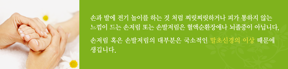 손과 발에 전기 놀이를 하는 것 처럼 찌릿찌릿하거나 피가 통하지 않는 느낌이 드는 손저림 또는 손발저림은 혈액순환장애나 뇌졸중이 아닙니다. 손저림 혹은 손발저림의 대부분은 국소적인 말초신경의 이상 때문에 생깁니다.