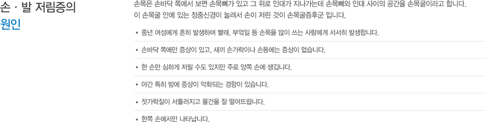 손·발 저림증의 원인 : 손목은 손바닥 쪽에서 보면 손목뼈가 있고 그 위로 인대가 지나가는데 손목뼈와 인대 사이의 공간을 손목굴이라고 합니다. 이 손목굴 안에 있는 정중신경이 눌려서 손이 저린 것이 손목굴증후군 입니다. 중년 여성에게 흔히 발생하며 빨래, 부엌일 등 손목을 많이 쓰는 사람에게 서서히 발생합니다. 손바닥 쪽에만 증상이 있고, 새끼 손가락이나 손등에는 증상이 없습니다. 한 손만 심하게 저릴 수도 있지만 주로 양쪽 손에 생깁니다. 야간 특히 밤에 증상이 악화되는 경향이 있습니다. 젓가락질이 서툴러지고 물건을 잘 떨어뜨립니다. 한쪽 손에서만 나타납니다. 