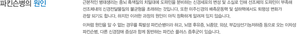 파킨슨병의 원인 : 근본적인 병태생리는 중뇌 흑색질의 치밀대에 도파민을 분비하는 신경세포의 변성 및 소실로 인해 선조체의 도파민이 부족해 선조체내의 신경전달물질의 불균형을 초래하는 것입니다. 또한 미주신경의 배측운동핵 및 설하핵에서도 퇴행성 변화가 관찰 되기도 합니다. 하지만 이러한 과정의 원인이 아직 정확하게 알려져 있지 않습니다. 이처럼 원인을 알 수 없는 경우를 특발성 파킨슨병이라 하고, 뇌염 후유증, 뇌종양, 외상, 부갑상선기능저하증 등으로 오는 이차성 파킨슨병, 다른 신경장애 증상과 함께 동반하는 파킨슨 플러스 증후군이 있습니다.